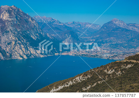 Beautiful view of lake Garda from the hills, Italy. Beautiful view of lake Garda from the hills, Italy. 137857787
