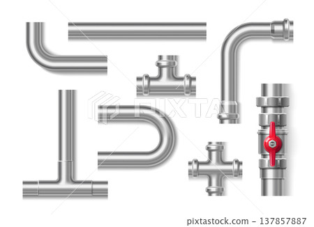 Steel tubes and metal fittings set on white 137857887