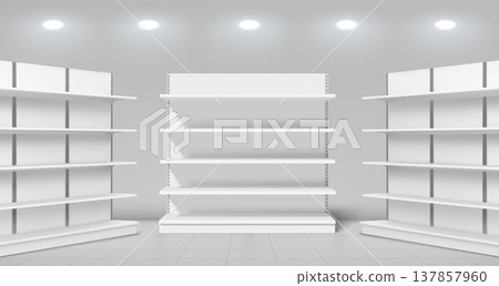 3D supermarket shelves mockup, realistic interior 3D supermarket shelves mockup, realistic interior 137857960
