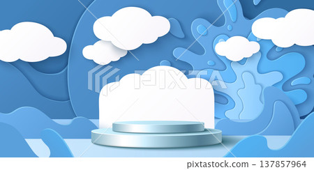 3d round podium stage with blue papercut waves 3d round podium stage with blue papercut waves 137857964