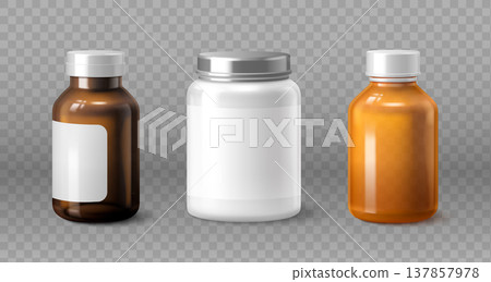 Glass medicine bottles on transparent background 137857978