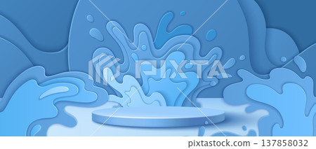 3d round podium stage with blue papercut waves 3d round podium stage with blue papercut waves 137858032