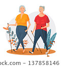 Two friends walk with Nordic walking poles 137858146