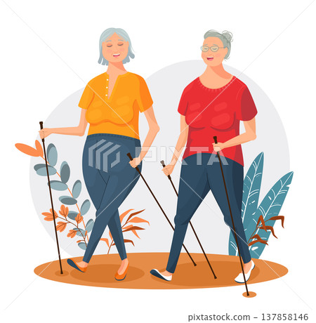 Two friends walk with Nordic walking poles Two friends walk with Nordic walking poles 137858146