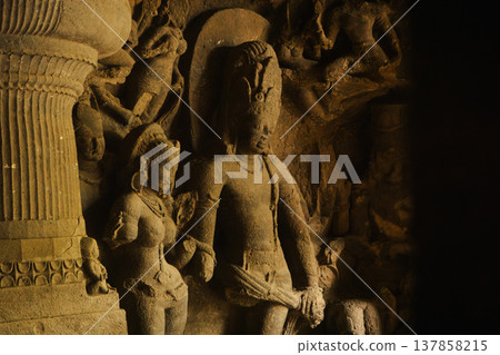 Elephanta Caves in Mumbai, India. Collection of cave temples dedicated to the Hindu god Shiva Elephanta Caves in Mumbai, India. Collection of cave temples dedicated to the Hindu god Shiva 137858215