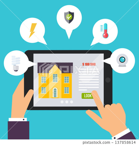Smart house. Home control application concept. Hand holding tablet with home control application. Technology system with centralized control. 137858614