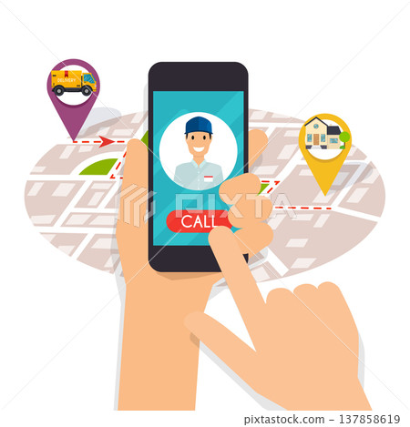 Hand holding mobile smart phone with app delivery tracking. Vector modern flat creative info graphics design on  application. 137858619