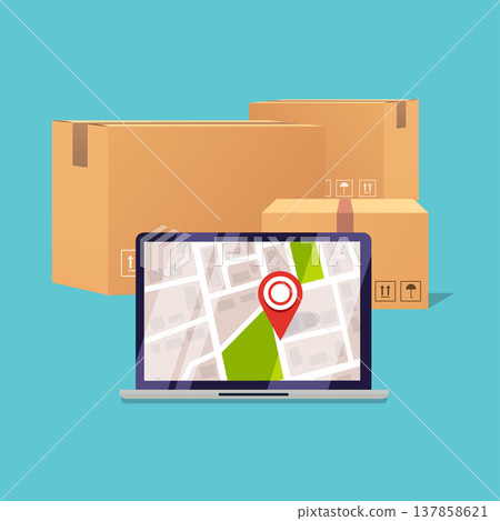 Delivery tracking on a computer. Pile of stacked sealed goods cardboard boxes. Flat design modern vector illustration concept. 137858621