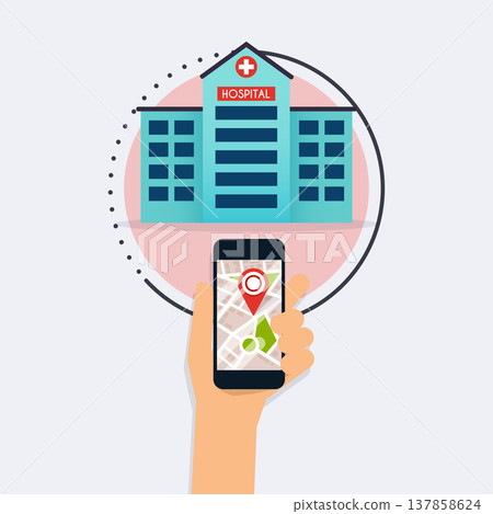Hand holding mobile smart phone with application search hospital. Find closest on city map. Flat design style modern vector illustration concept. 137858624