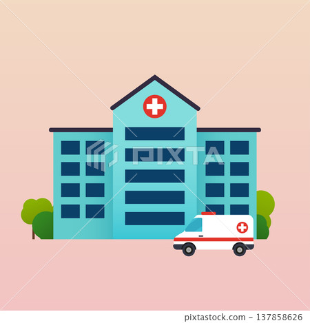 Hospital with ambulance flat vector illustration. 137858626