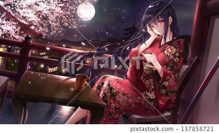 月光下，一位身著和服的美麗女子 137858721