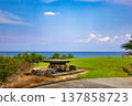 A view of the Miyako Blue sea from Higashi-Hennazaki Cape, with picnic tables and chairs at a resting spot (Miyakojima City, Okinawa Prefecture) 137858723