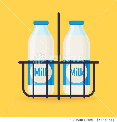 Classic milk bottles in wire carrier. Flat design modern vector illustration concept. 137858734