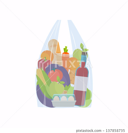 Cellophane bag with foods. Healthy organic fresh and natural food. Grocery delivery concept. Flat vector icon. Cellophane bag with foods. Healthy organic fresh and natural food. Grocery delivery concept. Flat vector icon. 137858735