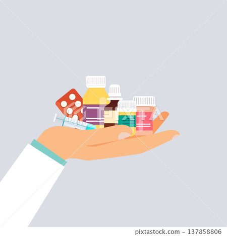 Doctor hand holding different medical pills and bottles. Flat design style modern vector illustration concept. 137858806