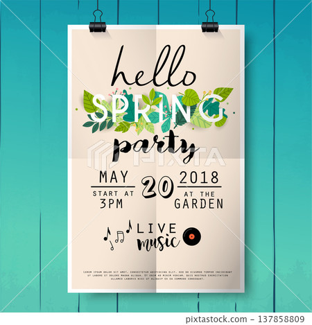 Hello spring party poster lettering on wood texture background. Hello spring party poster lettering on wood texture background. 137858809
