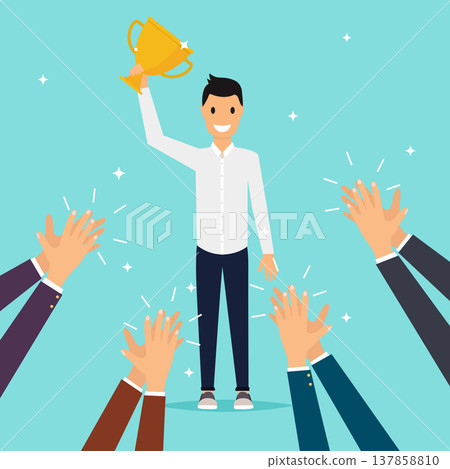 Success in business. Businessman character celebrates his victory. Human hands clapping. Flat design modern vector illustration concept. Success in business. Businessman character celebrates his victory. Human hands clapping. Flat design modern vector illustration concept. 137858810