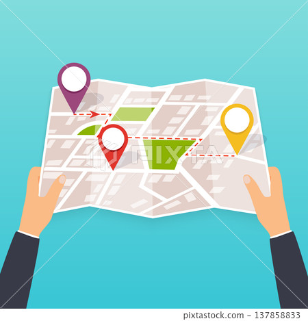 Hand holding a paper map with points. Tourist look at map of the city. Vector Illustration in flat design. Travel concept. Hand holding a paper map with points. Tourist look at map of the city. Vector Illustration in flat design. Travel concept. 137858833