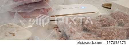 Home vacuum packer for food storage and freezing, canning products. Portions of vacuum-packed raw chicken breast, minced meat and frozen meat broth for cooking and souping. Banner, Home vacuum packer for food storage and freezing, canning products. Portions of vacuum-packed raw chicken breast, minced meat and frozen meat broth for cooking and souping. Banner, 137858873