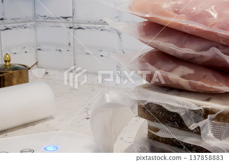 Home vacuum packer for food storage and freezing, canning products. Portions of vacuum-packed raw chicken breast, minced meat and frozen meat broth for cooking and souping. 137858883