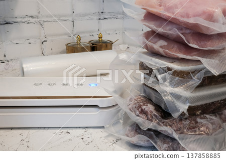 Home vacuum packer for food storage and freezing, canning products. Portions of vacuum-packed raw chicken breast, minced meat and frozen meat broth for cooking and souping. Home vacuum packer for food storage and freezing, canning products. Portions of vacuum-packed raw chicken breast, minced meat and frozen meat broth for cooking and souping. 137858885