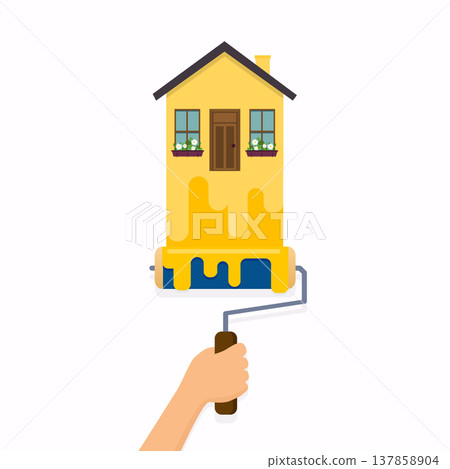 Hand holding roller brush and painting a house. Flat design modern vector illustration concept. 137858904