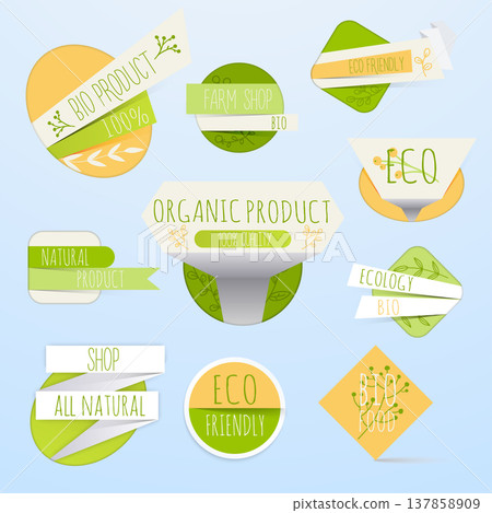 Collection of green labels and badges for organic, natural, bio and eco friendly products. Vintage vector,green colors. Collection of green labels and badges for organic, natural, bio and eco friendly products. Vintage vector,green colors. 137858909