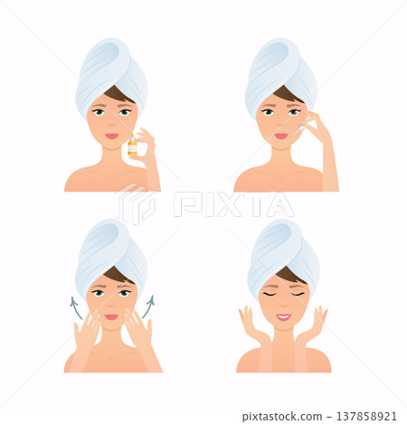 Face care routine. Girl Cleaning And Care Her Face. Steps how to apply facial serum. Skincare vector. Face care routine. Girl Cleaning And Care Her Face. Steps how to apply facial serum. Skincare vector. 137858921