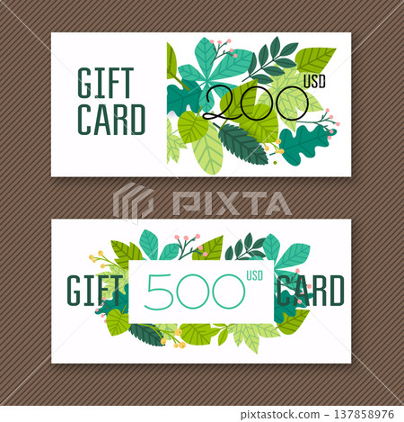 Voucher template with green gift box,certificate. Background design coupon, invitation, currency. Vector illustration. 137858976