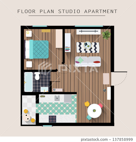 Detailed apartment furniture overhead top view. Studio Apartment With One Bedroom. Flat style vector illustration. Detailed apartment furniture overhead top view. Studio Apartment With One Bedroom. Flat style vector illustration. 137858999