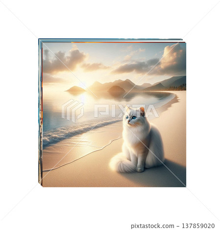 A white cat standing on the beach, with blue sea and sky as background material. Copy space available. A white cat standing on the beach, with blue sea and sky as background material. Copy space available. 137859020