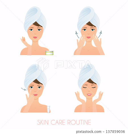 Face care routine. Girl Care Her Face. Steps how to apply facial serum. Skincare vector. Face care routine. Girl Care Her Face. Steps how to apply facial serum. Skincare vector. 137859036