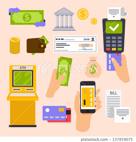 Collection of finance workflow items and elements, finance and marketing objects. Flat design modern vector illustration concept. 137859075