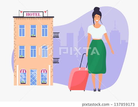 Girl with travel bag. Hotel facade on background. Travel and tourism. Flat design modern vector illustration concept. 137859173