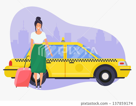 Girl with travel bag get a taxi.  Travel and tourism. Flat design modern vector illustration concept. 137859174