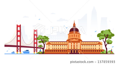 Golden Gate & City Hall - Colorful Flat Design Illustration 137859393