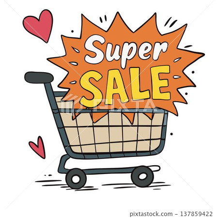 Shopping cart with Super Sale lettering, colorful discount promotion illustration 137859422
