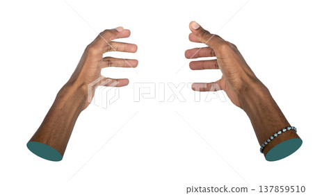 Both hands reach forward in a wide open grabbing gesture. Dark skin arms form space for holding or Both hands reach forward in a wide open grabbing gesture. Dark skin arms form space for holding or 137859510