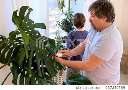 Father and teenage son caring for indoor plants at home, family bonding and sustainable lifestyle 137859569