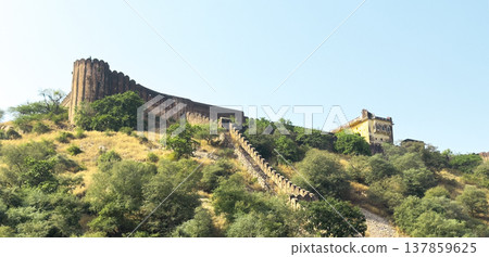 Hilltop view of Jaigarh Fort with its massive ramparts and stair-lined defensive wall stretching 137859625