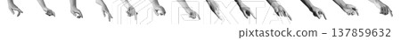 Left hand reaches forward with outstretched index finger in closeup perspective. Gesture indicates 137859632