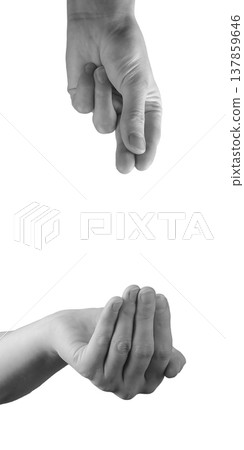 Open palm hand reaches outward creating empty space. Giving and receiving gesture shows nothing held Open palm hand reaches outward creating empty space. Giving and receiving gesture shows nothing held 137859646