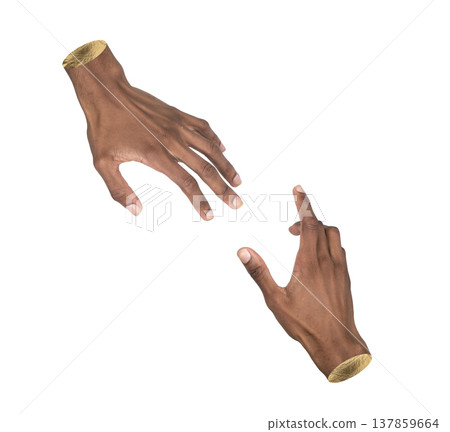 Outstretched hand reaches forward from a closeup perspective. African American male arm shows an Outstretched hand reaches forward from a closeup perspective. African American male arm shows an 137859664