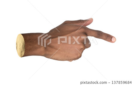 Right hand with extended index finger points forward in closeup. African American male hand gesture 137859684