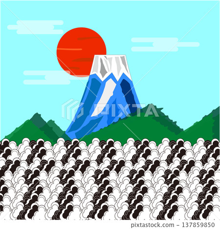 一幅層次豐富的背景插圖，描繪了富士山和森林，沐浴在藍色的光芒和陽光中。 137859850