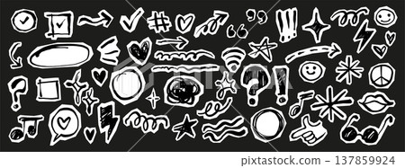 Retro Scrapbook Doodle Collection. Vintage Hand Drawn Scribble with Lightning, Stars, Arrows. Bold Punk Rock Crayon Marks, Highlight Elements. Scrapbook shapes for notes, journal. 137859924