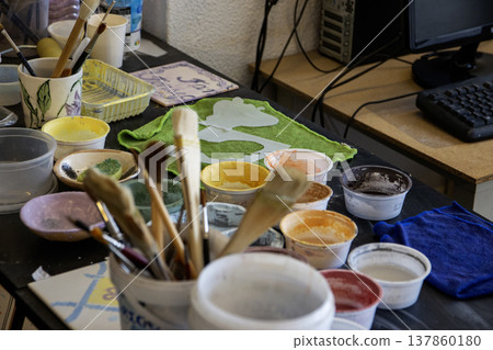 Art Supplies and Tools Arranged on a Table in Porto Portugal Art Supplies and Tools Arranged on a Table in Porto Portugal 137860180