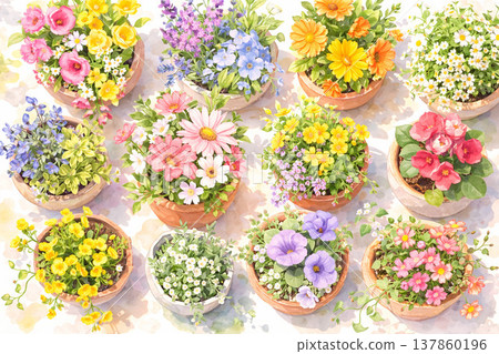 Flowerpot Series: An overhead view of flowerpots lined up in a row. 137860196