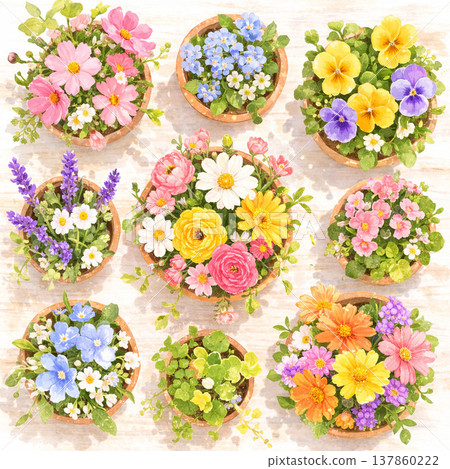 Flowerpot Series: An overhead view of flowerpots lined up in a row. 137860222