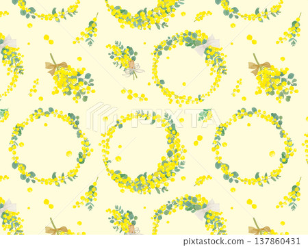 Seamless pattern of mimosa and eucalyptus wreaths and swags Seamless pattern of mimosa and eucalyptus wreaths and swags 137860431